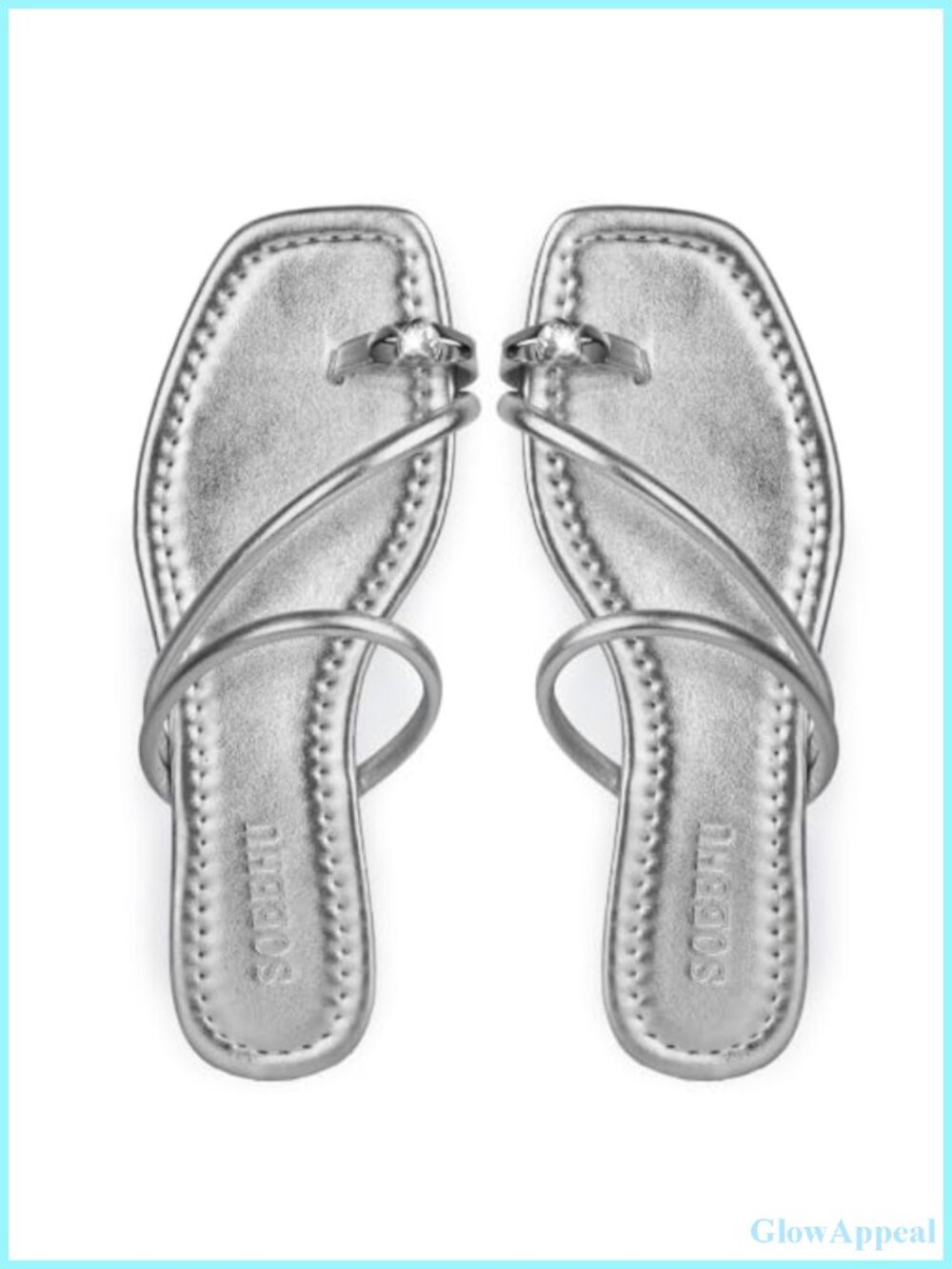 Faux Leather Strappy Toe Loop Flat Slide Sandals Square Toe Rhinestone
